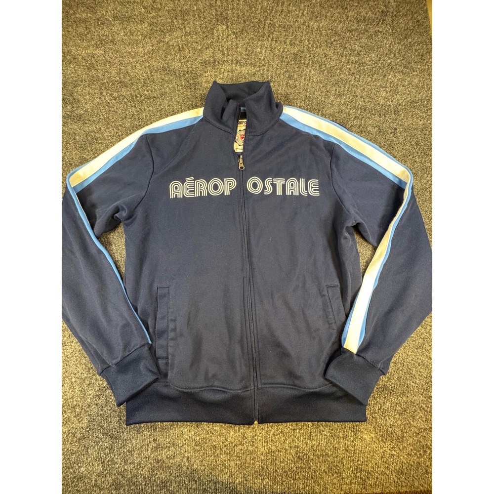 #2 Aeropostale Mens Track Jacket Navy Blue Full Zip Athletic Stripe Retro Medium